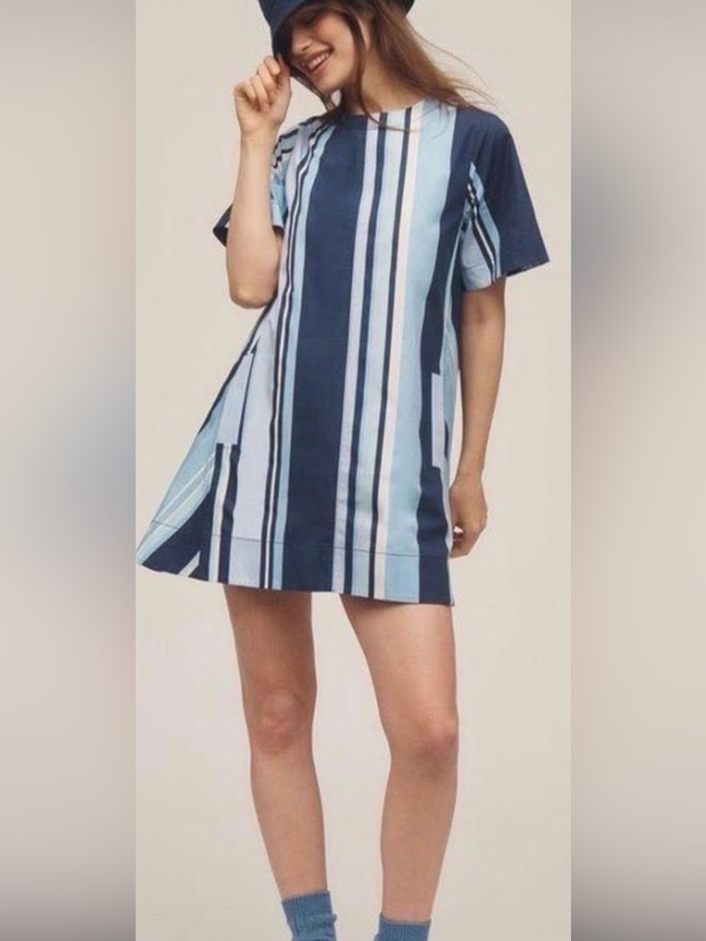Emmy Short-Sleeve Swing Mini Dress by Maeve | color: blue | size: S